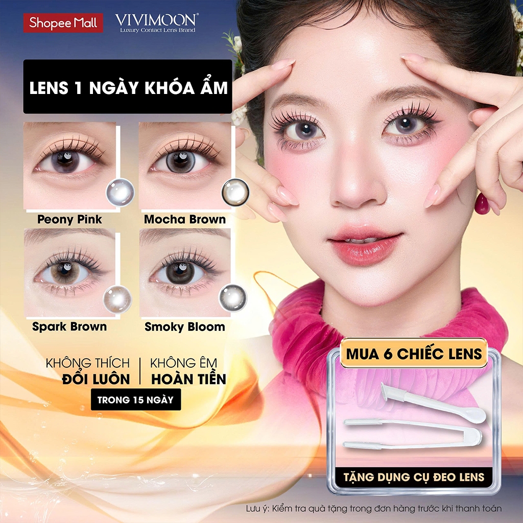 [Giá 1 chiếc - 1 bên mắt] VIVIMOON lens 1 ngày khóa ẩm, kính áp tròng màu giãn to 14.5mm độ cận từ 0