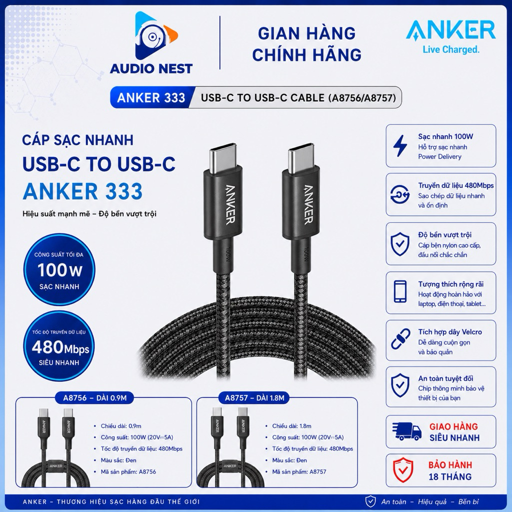 Cáp Sạc Nhanh Anker 100W A8756 A8757 C to C  Chip e-Marker Truyền Data 480Mbps - Bảo Hành 18 Tháng | BigBuy360 - bigbuy360.vn