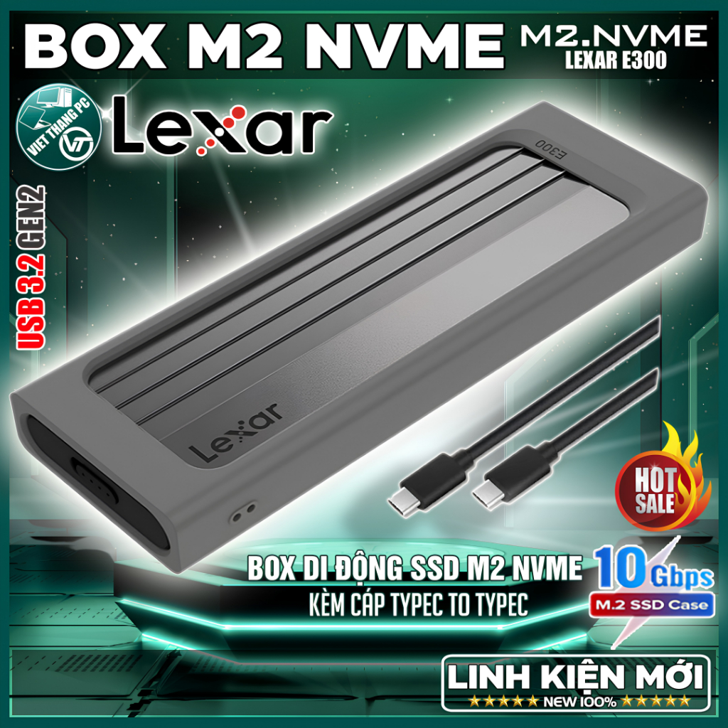 Box SSD Lexar E300 Hỗ trợ SSD M2.NVMe Chuẩn USB 3.2 Gen2 10Gbps - Nhôm nguyên khối Aluminum đẹp
