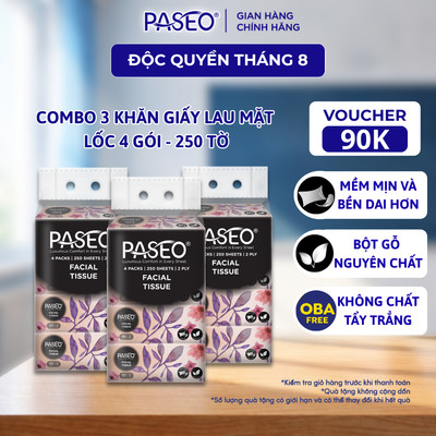 [Combo 12 Gói] Khăn Giấy Lau Mặt PASEO 250 Tờ/Gói Mềm Mịn Không Bụi An Toàn Cho Da Nhạy Cảm (4 Gói/Lốc)