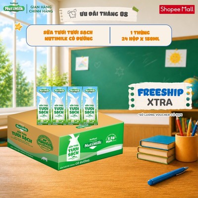[KOL] Thùng 24 Hộp Sữa Tươi Tươi Sạch NutiMilk 180ml