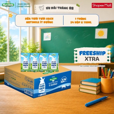 Thùng 24 Hộp Sữa Tươi Tươi Sạch NutiMilk Ít Đường 110ml
