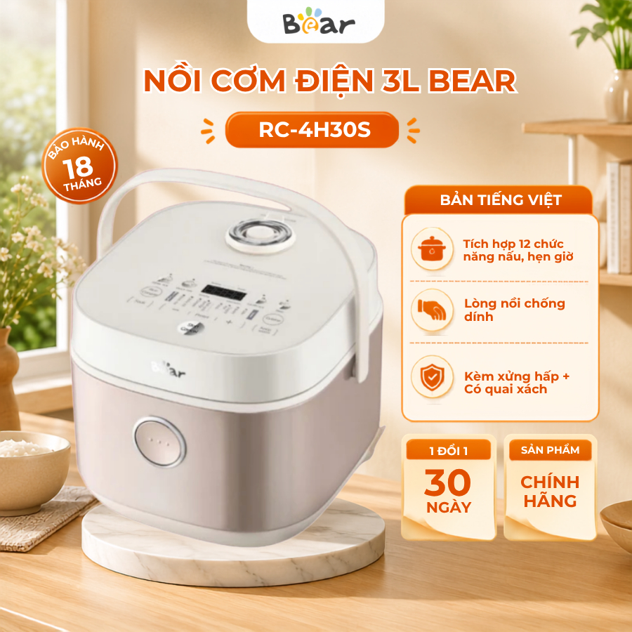 Nồi Cơm Điện Đa Năng 3L Bear RC-4H30S, Công suất 600W,(Lòng Nồi 1L) chống dính,Hẹn giờ,BH 18 Tháng