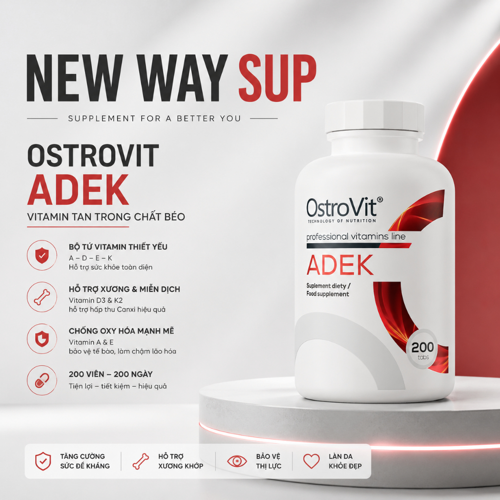 OstroVit Vitamin ADEK  Phức Hợp Vitamin D3 K2 A Và E Hỗ Trợ Xương Khớp, Thị Lực & Đề Kháng Hộp 200 V