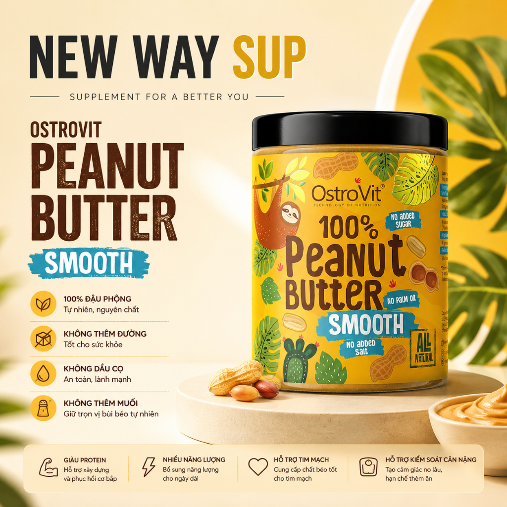 Bơ đậu phộng Ostrovit Peanut Butter 100% siêu mịn không đường