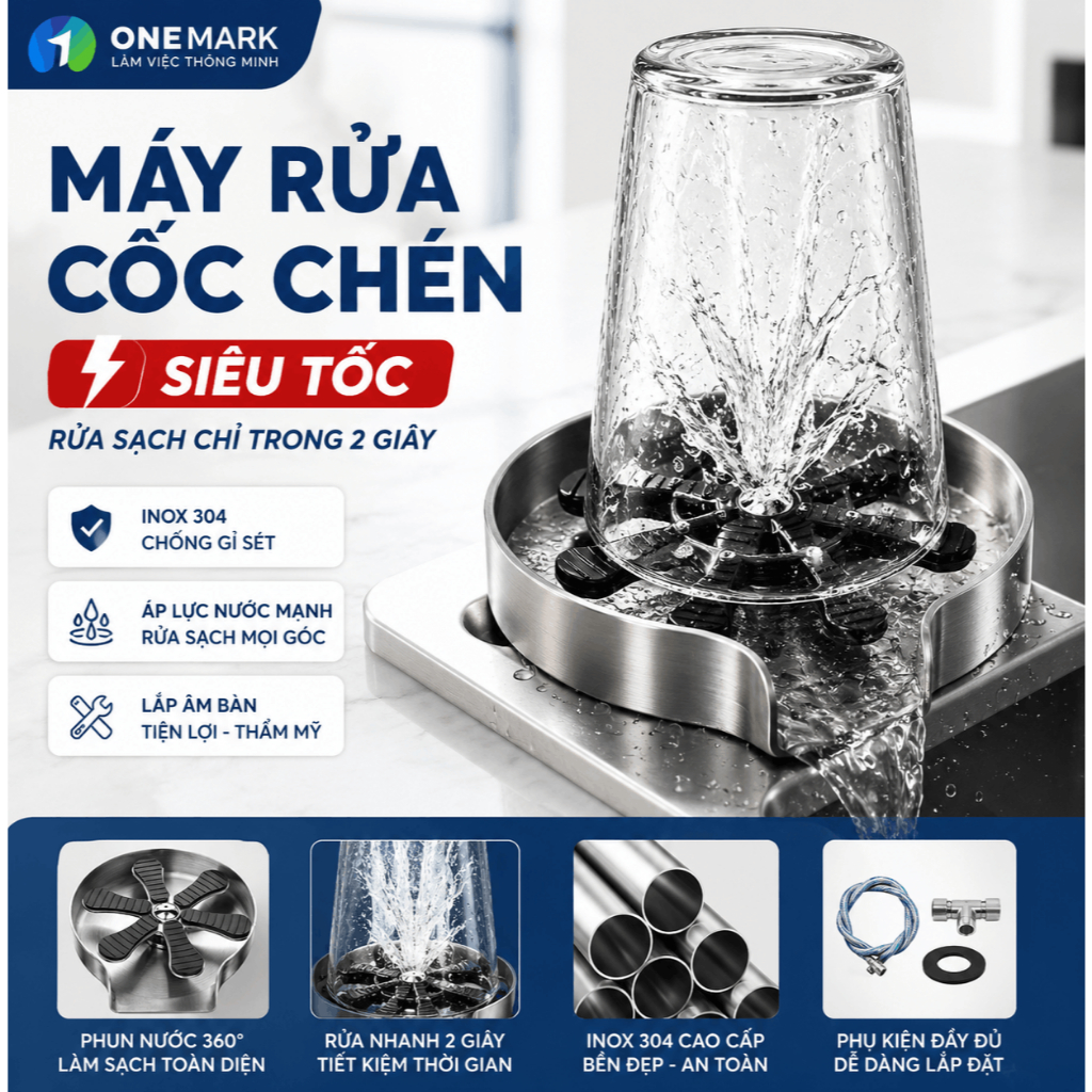 Máy Rửa Cốc Inox 304 Cao Cấp - Rửa Ly Trong 2 Giây, Lắp Âm Bàn Cho Quầy Cafe & Gia Đình