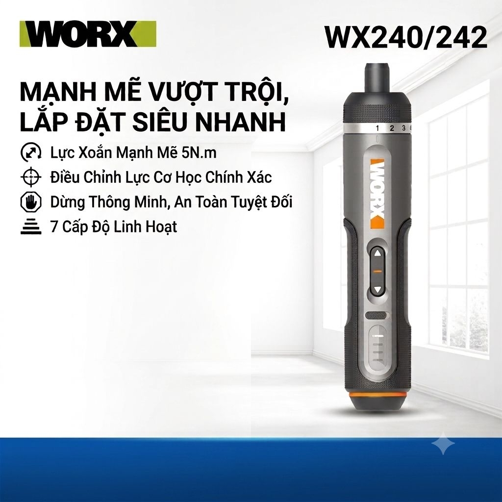 Tua Vít Điện Cầm Tay WORX WX240/WX242 Gen 2 Chính Hãng - 7 Cấp Chỉnh Lực, Pin 2.0Ah, Sạc Type-C,