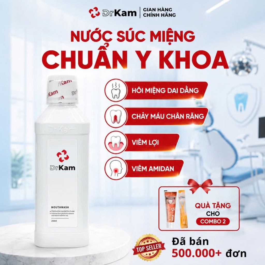 Nước Súc Miệng Chuẩn Y Khoa DrKam 250ml Khử Hôi Miệng Giảm Viêm Nướu Ê Buốt - Không Cồn Không Cay
