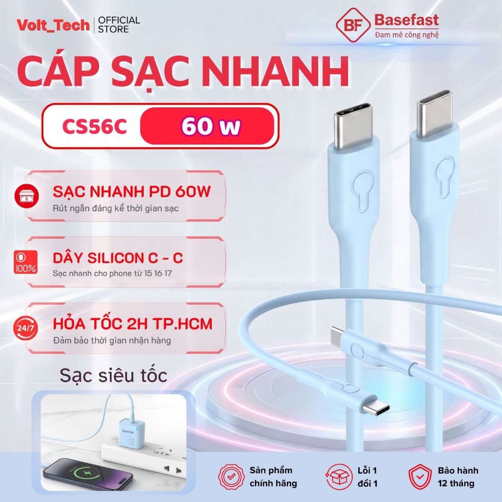Dây sạc nhanh Type C 60W Basefast cáp silicone 1m C to C dùng cho Phone 15 16 17 samsung xiaomi