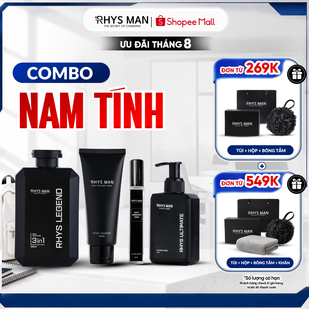 Combo Sữa tắm gội nam 3in1 350ml & Sữa rửa mặt 100ml & Dung dịch vệ sinh 120ml & Nước hoa 10ml Rhys 