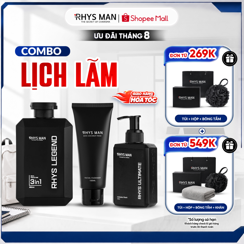 Combo Sữa tắm gội nam 3in1 350ml & Sữa rửa mặt nam 100ml & Dung dịch vệ sinh nam 120ml Rhys Man - Co