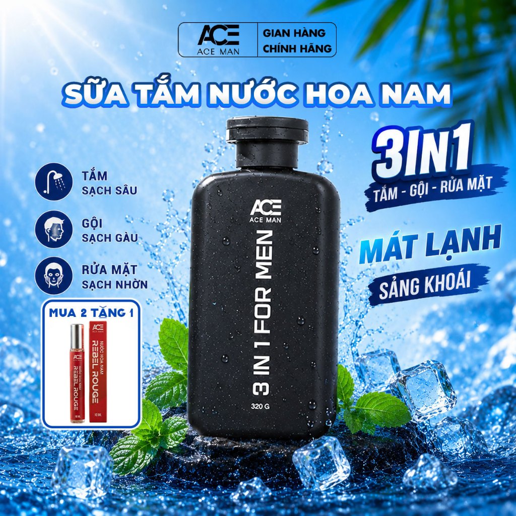 [MUA 2 TẶNG ] Sữa tắm 3 in 1 nam ACEMAN 320ml tắm gội rửa mặt, sữa tắm hương nước hoa nam tính