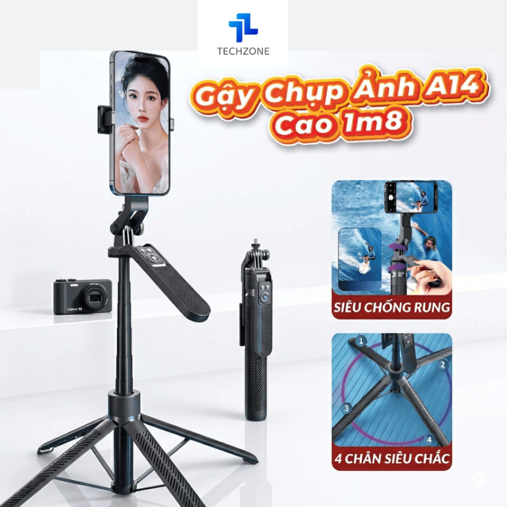 (Tặng Remote) Gậy chụp ảnh Selfie 4 chân A14 1M8 điều khiển từ xa có phân loại đèn trợ sáng Tripod chụp ảnh SP99