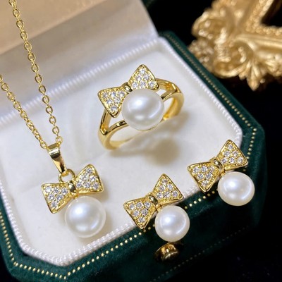 Bộ Trang Sức Bạc 925 Hình Nơ 4 Món Đính Ngọc Trai 8ly - Ngọc Trai Trường Thịnh