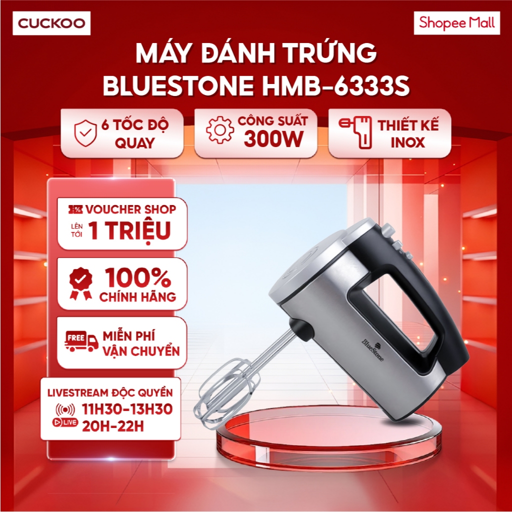 Máy đánh trứng BlueStone HMB-6333S 300W - 6 tốc độ quay, 3 chức năng đánh trứng, đánh kem và đánh bộ