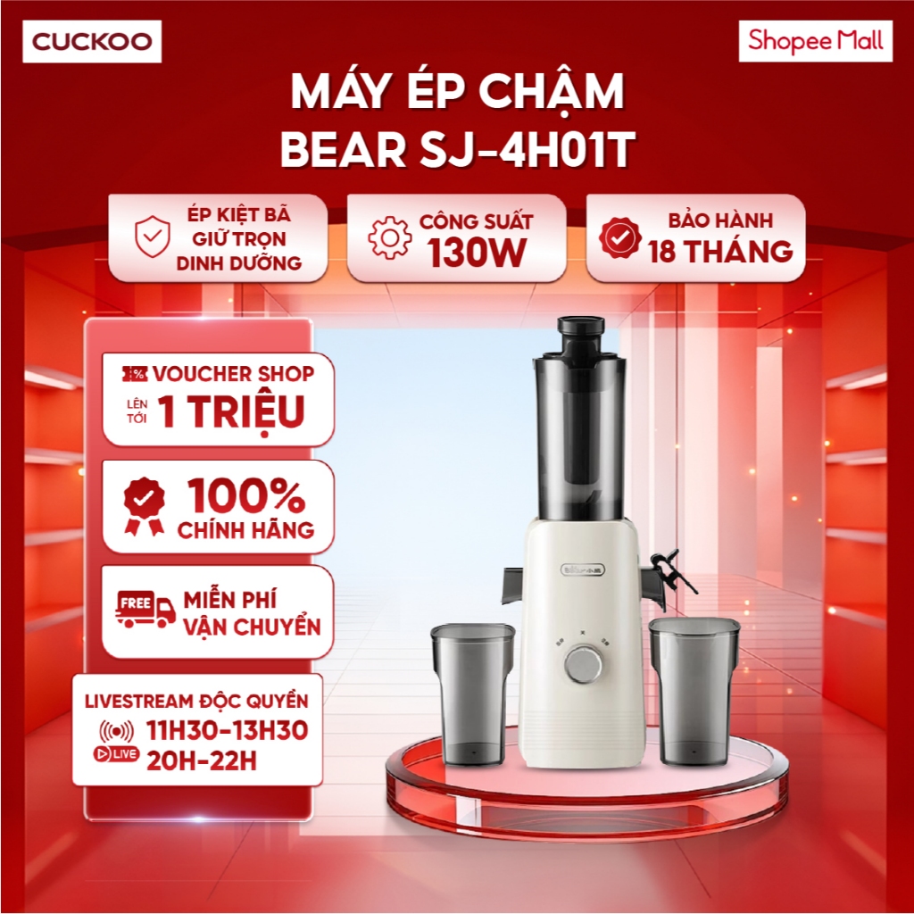 Máy ép chậm Bear SJ-4H01T - Công suất 130W - Ép kiệt bã, giữ trọn dinh dưỡng - Bảo hành 18 tháng