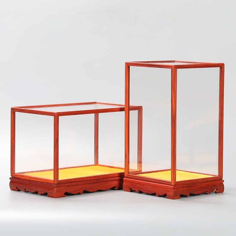 Vỏ kính gỗ đỏ góc cong lồng đựng kho báu tượng Phật gỗ hồng sắc đỏ hộp trưng bày trong suốt chốngbụi