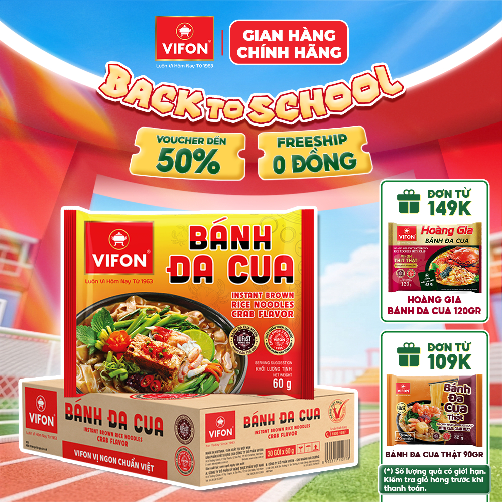 [VOUCHER HOT 10%]Thùng 30 Gói Bánh Đa Cua VIFON 60g Vị Cua Đồng Sợi Dai Đạt Giải Quốc Tế
