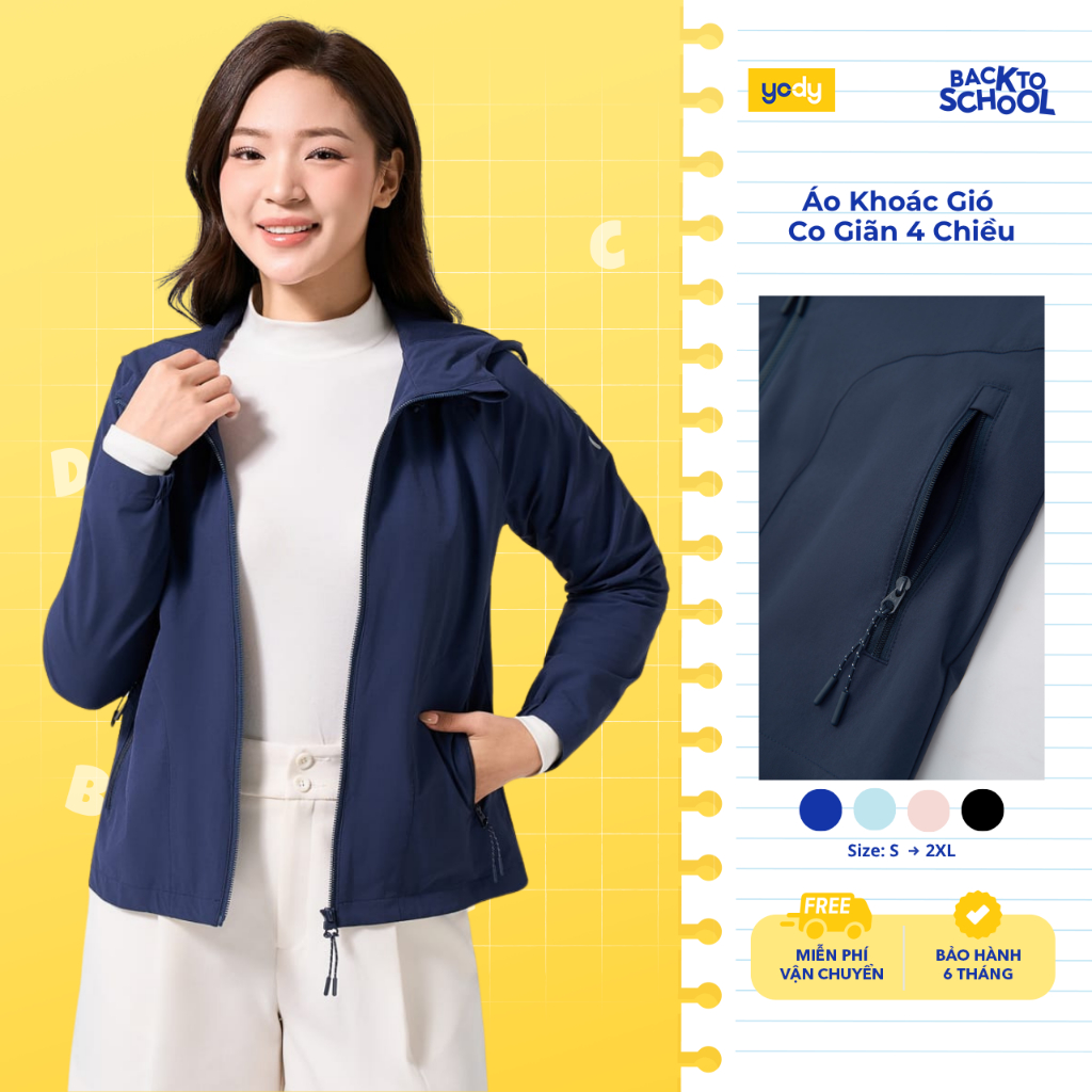 Áo khoác gió nữ 2 lớp YODY trượt nước siêu co giãn 4 chiều thoải mái, vải mềm mại WCWC25F045-AKN7010