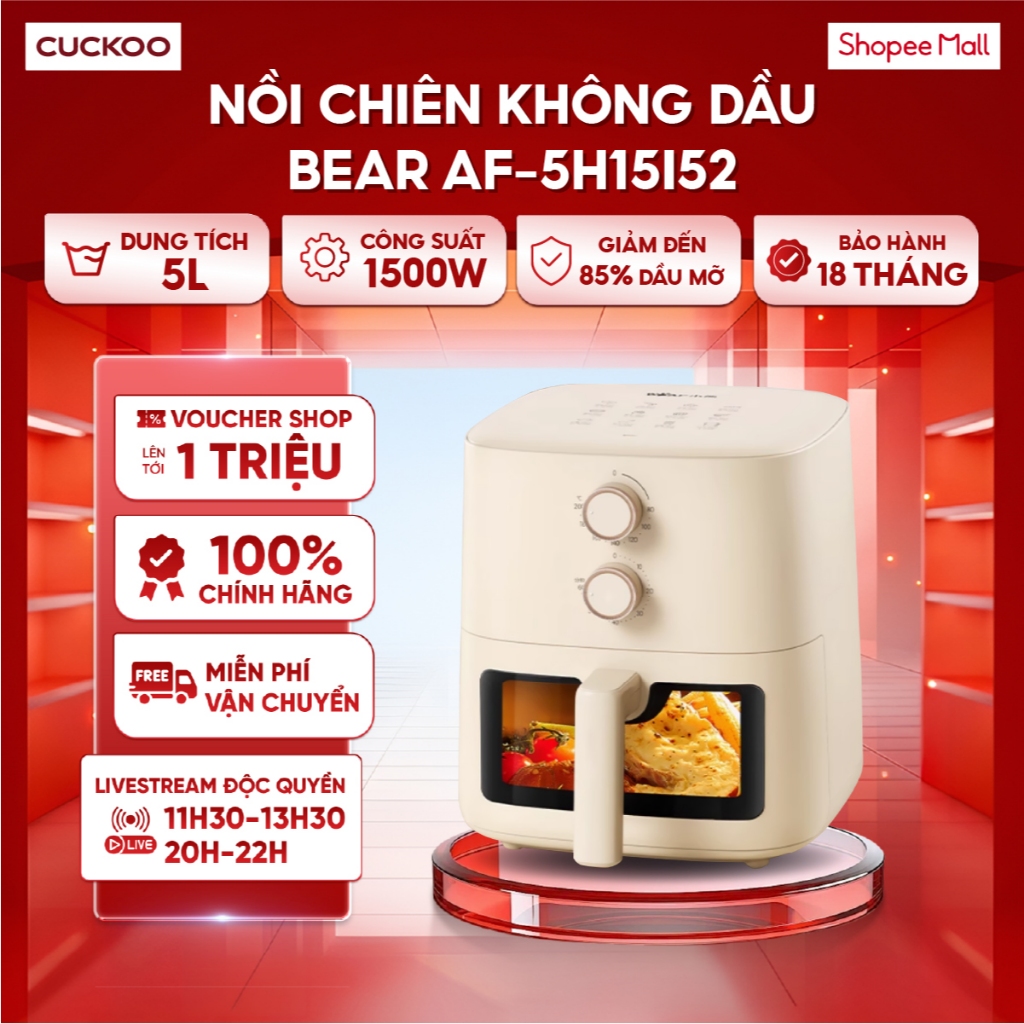 Nồi chiên không dầu Bear 5L AF-5H15I52 (Bản Quốc Tế) - Công suất lớn 1500W - Giảm đến 85% dầu mỡ - B