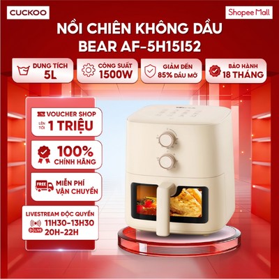 Nồi chiên không dầu Bear 5L AF-5H15I52 (Bản Quốc Tế) - Công suất lớn 1500W - Giảm đến 85% dầu mỡ - BH 18 Tháng