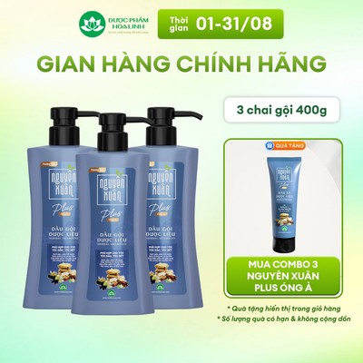 {Mới} Combo 3 chai Dầu gội dược liệu Nguyên Xuân Plus Óng ả 400g - Dành cho tóc nhiều dầu, nhanh bết