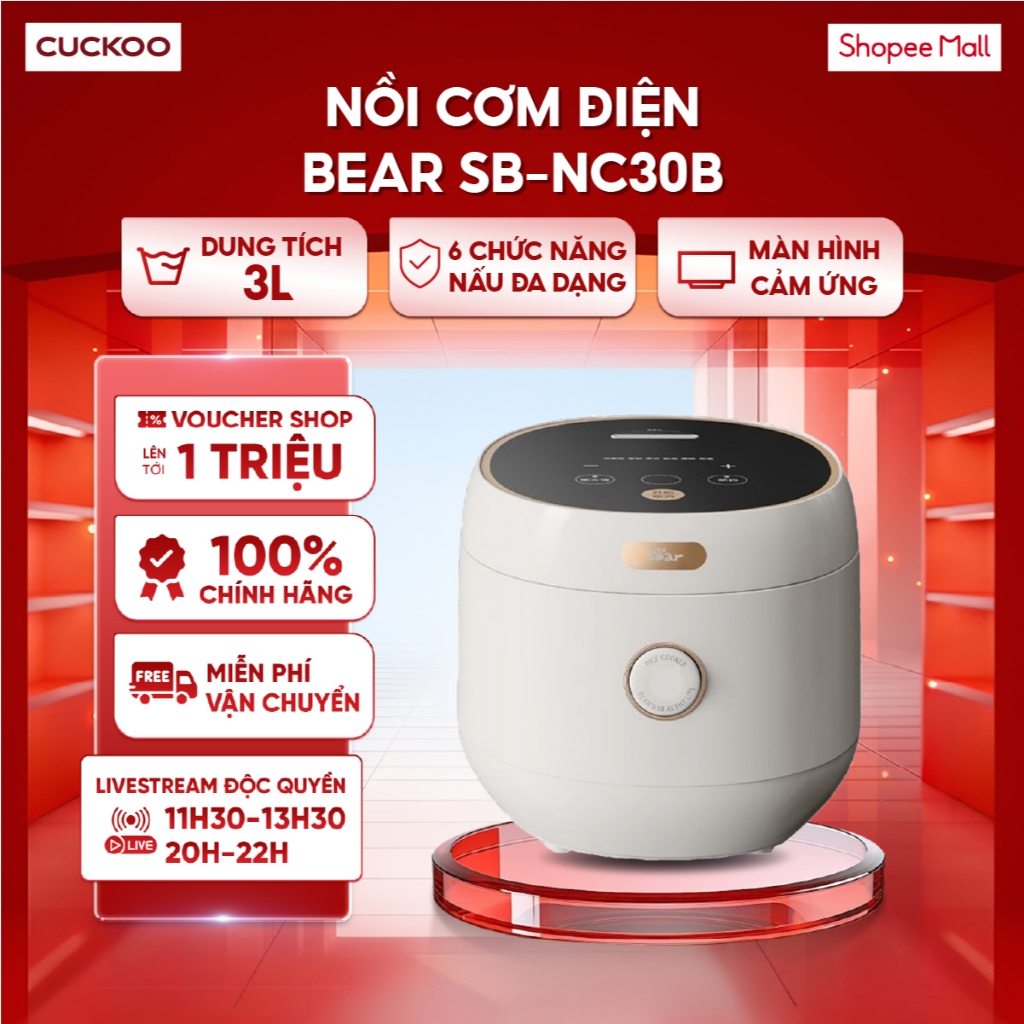 Nồi cơm điện 3L Bear SB-NC30B - Trang bị 6 chức năng nấu đa dạng - Màn hình cảm ứng, điều khiển dễ d