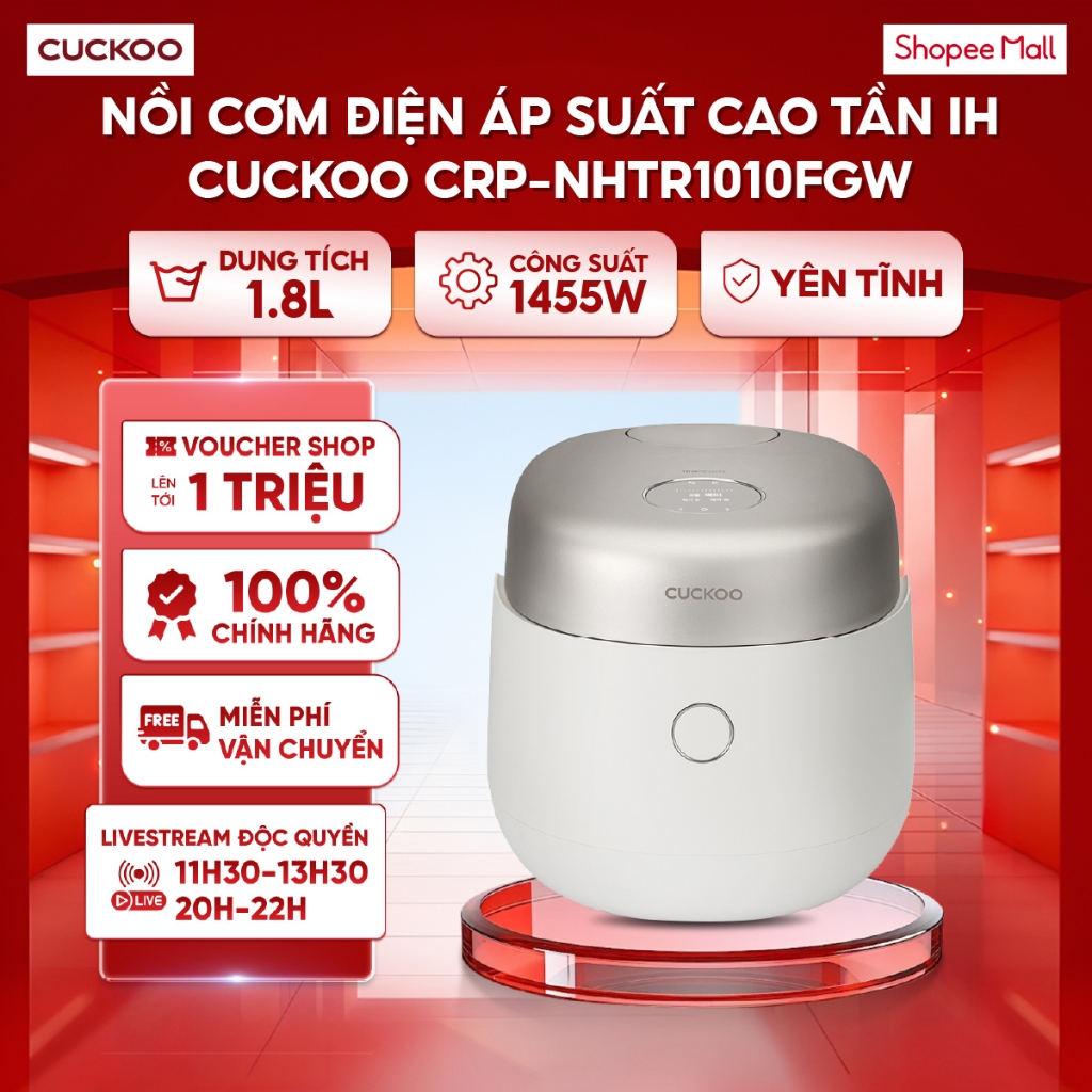 Nồi cơm điện áp suất cao tần IH Cuckoo CRP-NHTR1010FGW 1.8L - Yên tĩnh - Nấu nhanh, nhiều chế độ nấu