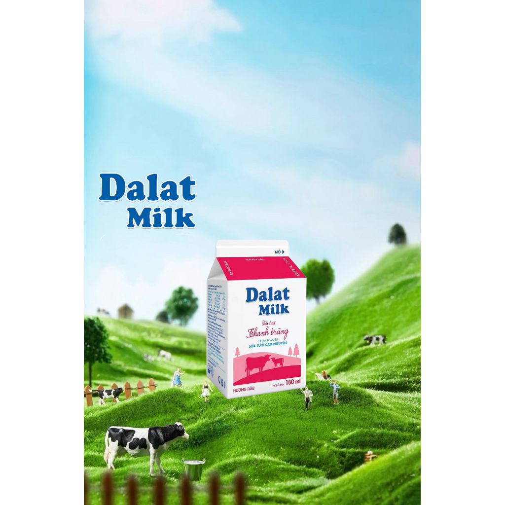 [Có sẵn] LỐC SỮA TƯƠI THANH TRÙNG DALAT MILK HƯƠNG DÂU HỘP 180ml  Thơm ngon, nguyên chất