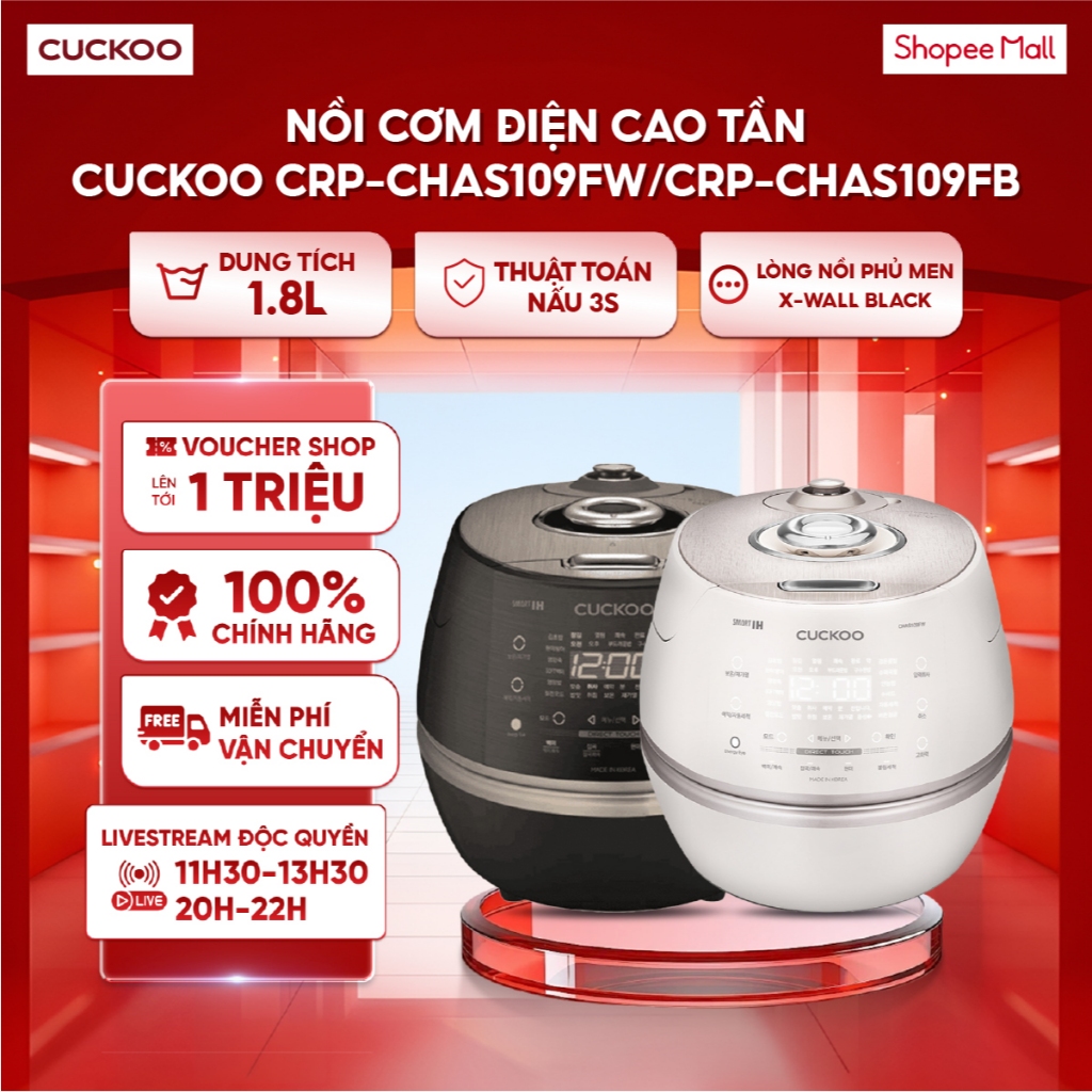 Nồi cơm điện cao tần Cuckoo Lòng nồi inox 1.8L CRP-CHAS109FW/CRP-CHAS109FB - Auto Steam Cleaning
