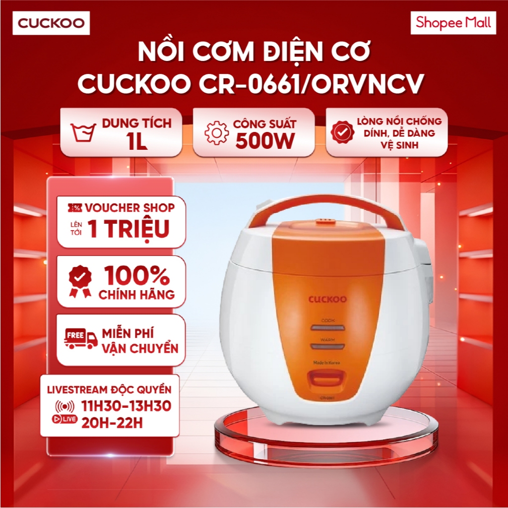 Nồi cơm điện cơ 1L Cuckoo CR-0661/ORVNCV - Công suất 500W - Lòng nồi chống dính, dễ dàng vệ sinh