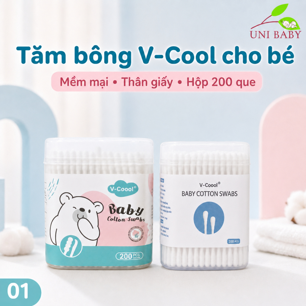 Tăm bông cho bé sơ sinh Vcoool hộp 200 que thân giấy đầu bông thiên nhiên 2…