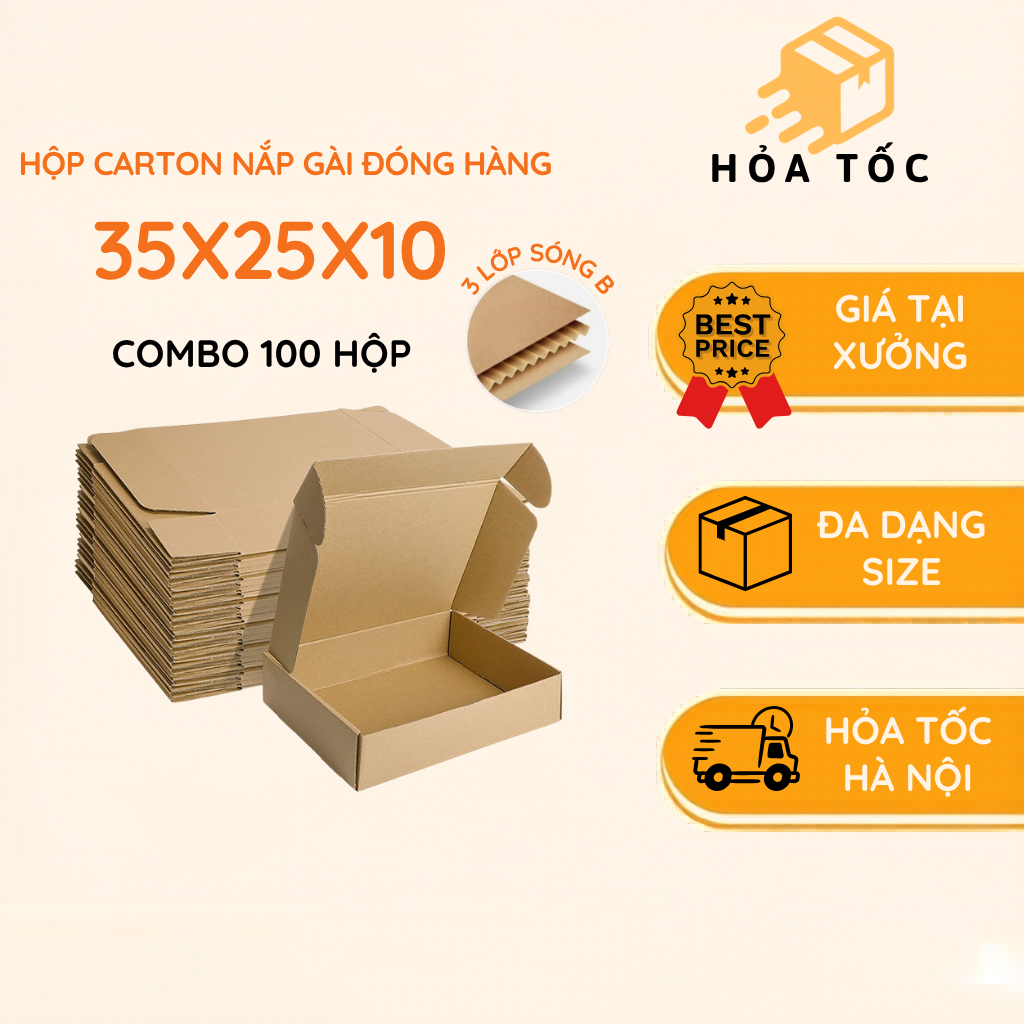 Combo 50 Hộp carton NẮP GÀI 35x25x10 đóng hàng