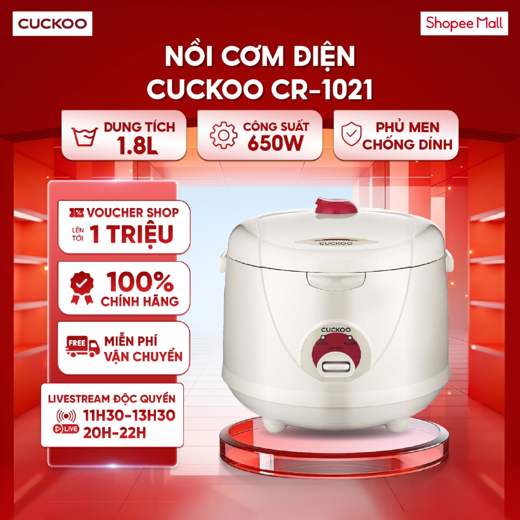 Nồi cơm điện Cuckoo Chống dính CR-1021 dung tích 1,8L - Chống trầy Công suất 650W - Bảo hành 12 Thán