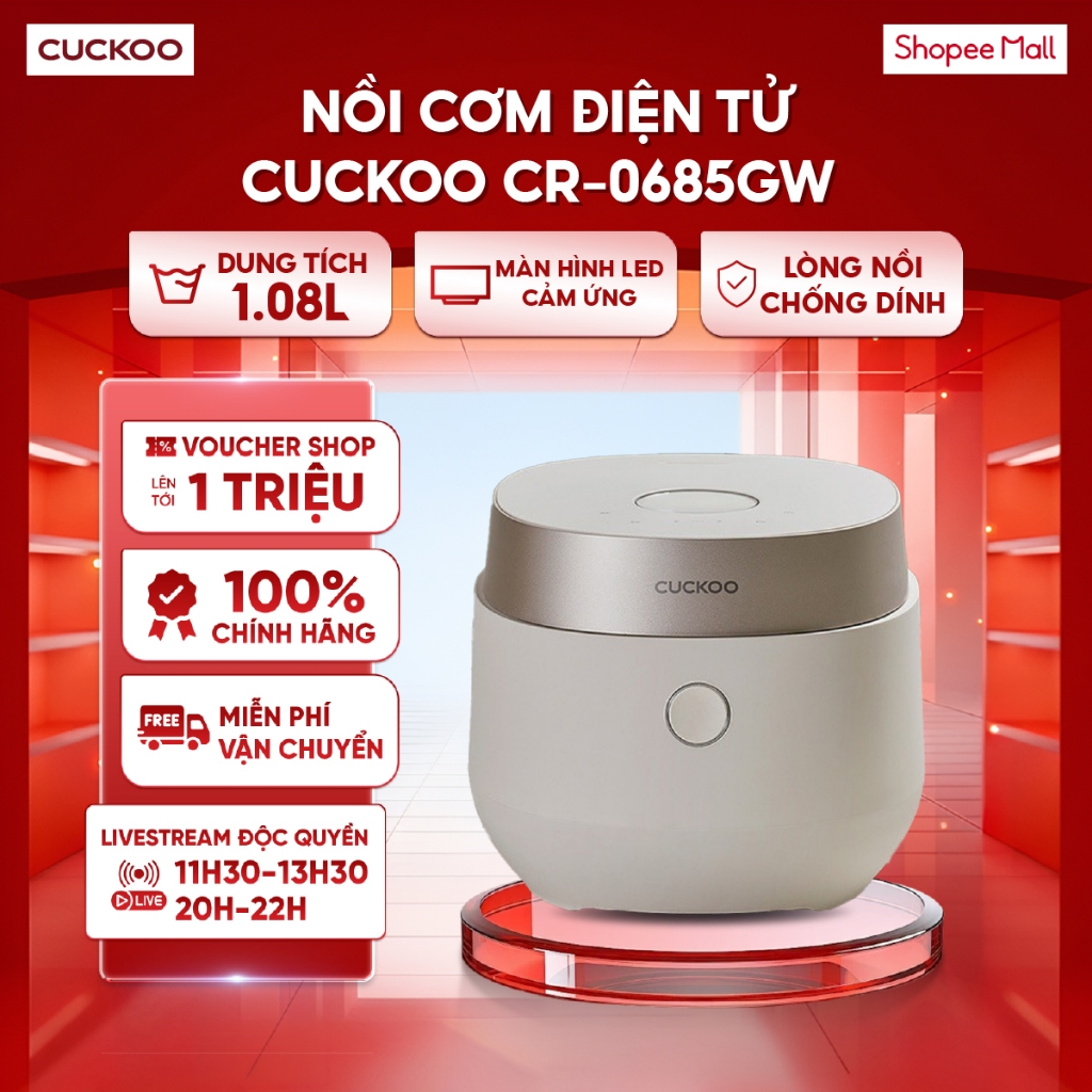 Nồi cơm điện tử Cuckoo CR-0685GW 1.08L - Lòng nồi chống dính - Điều khiển cảm ứng - Chính hãng