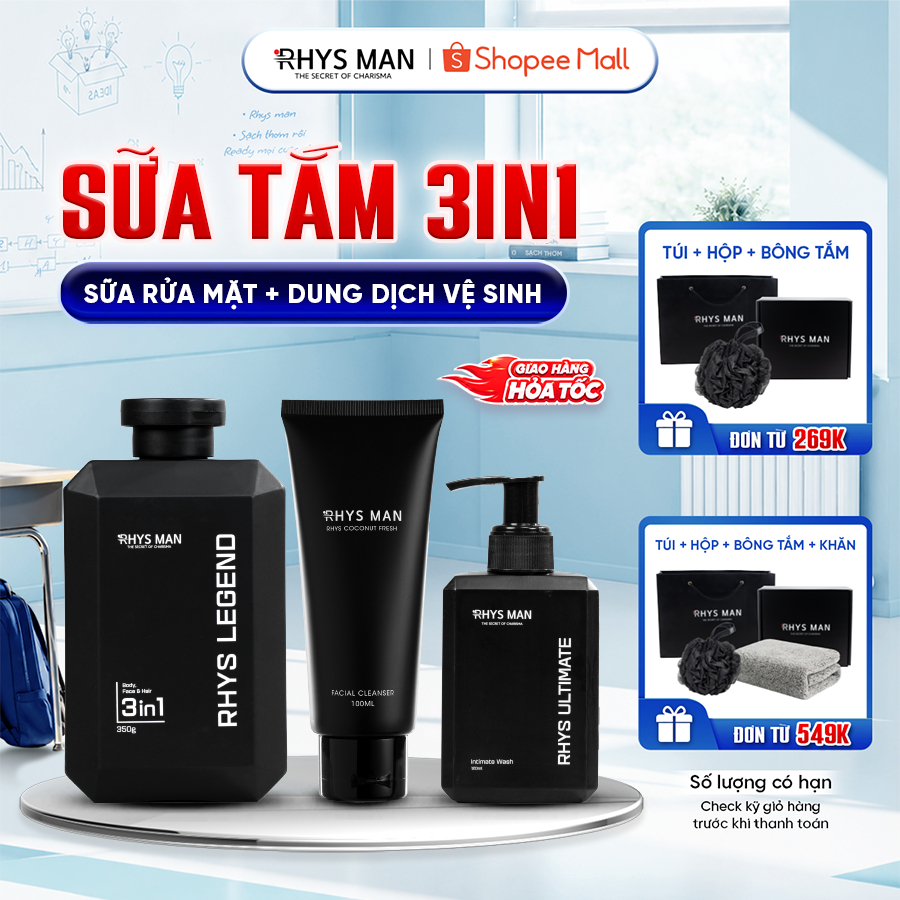 Sữa tắm gội nam 3in1 Rhys Man 350ml & Dung dịch vệ sinh nam bạc hà 120ml Rhys Ultimate RHYSMAN