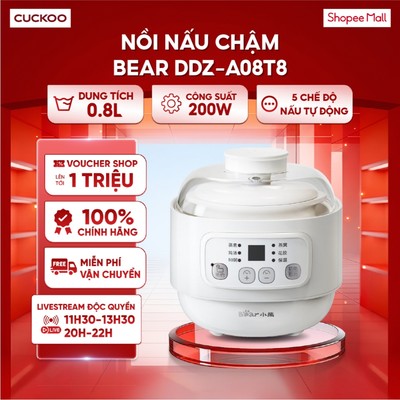Nồi nấu chậm Bear 0.8L DDZ-A08T8 - Công suất 200W - 5 chế độ nấu tự động - Hẹn giờ linh hoạt lên tới 9.5 tiếng