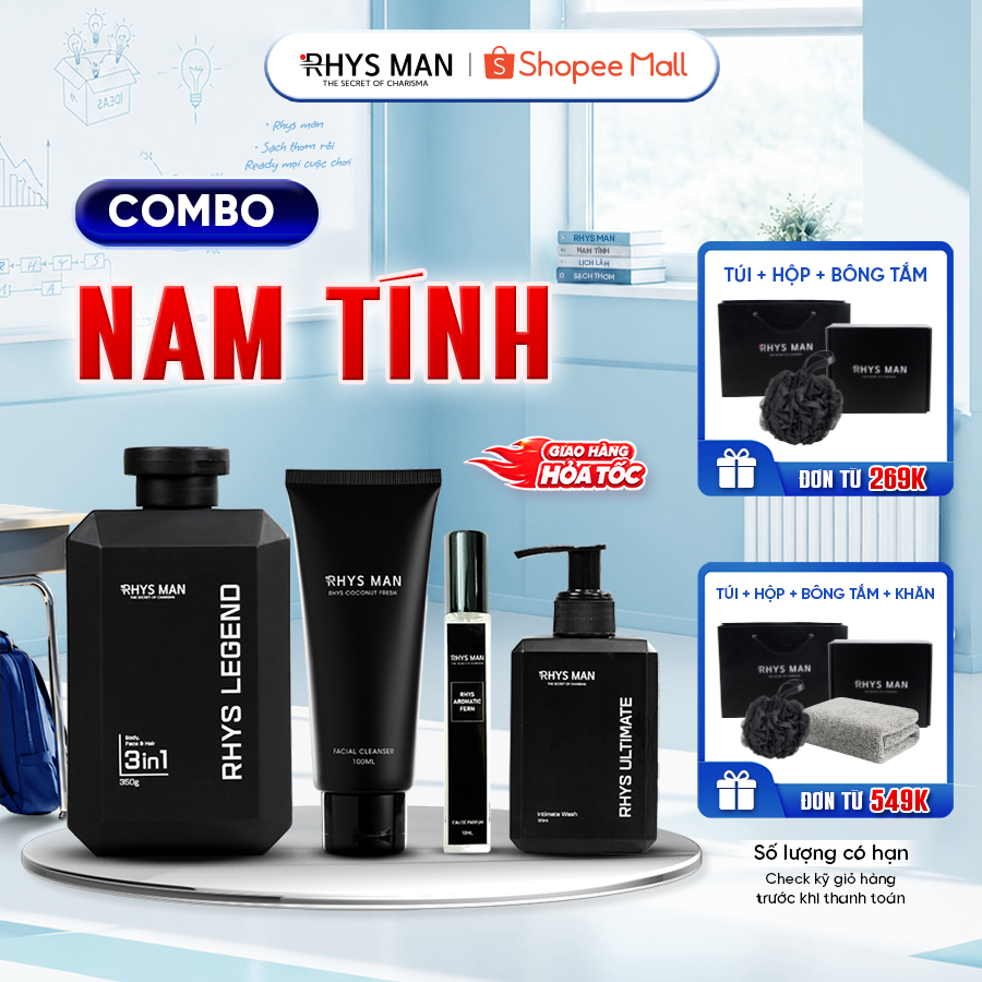 Bộ quà tặng-Sữa tắm gội 3in1 350ml & Sữa rửa mặt 100ml & Dung dịch vệ sinh 120ml & Nước hoa nam RHYS