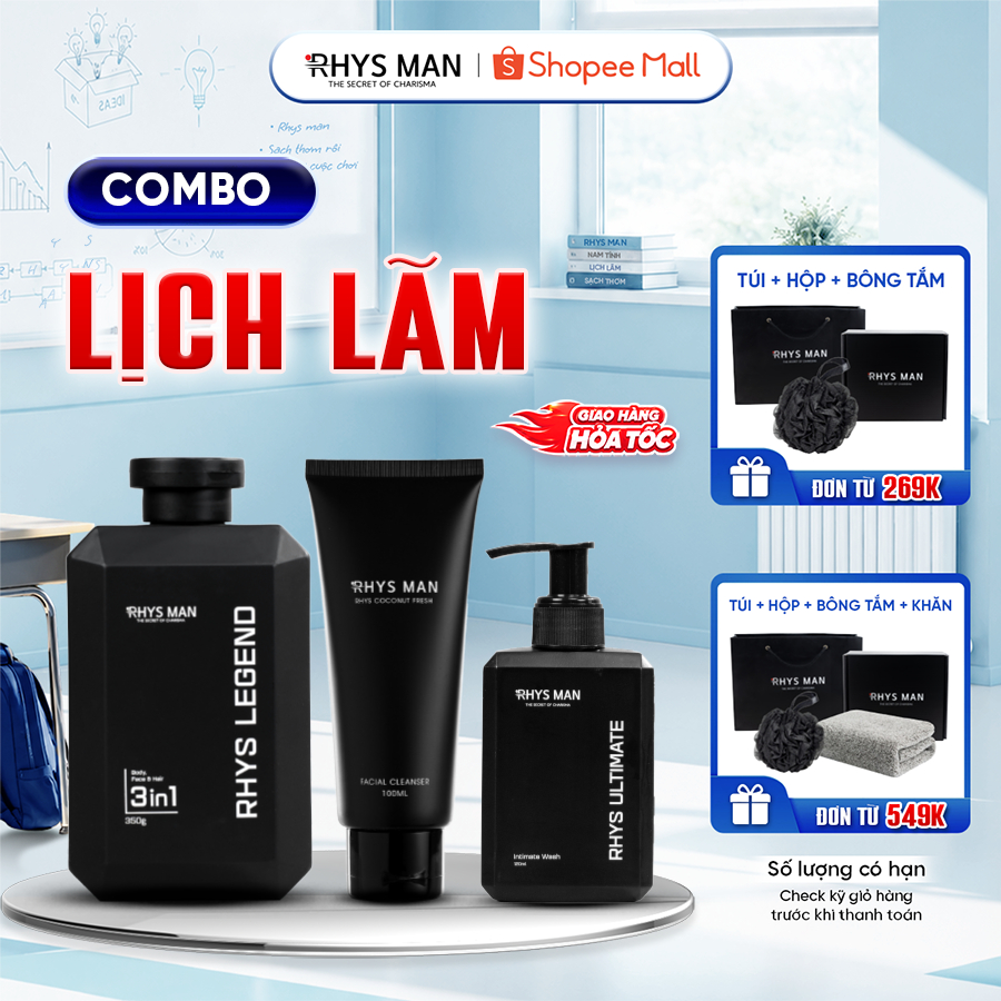 Bộ Quà Tặng Nam - Sữa tắm gội nam 350 ml & Sữa rửa mặt nam 100ml & Dung dịch vệ sinh 120ml RHYS MAN