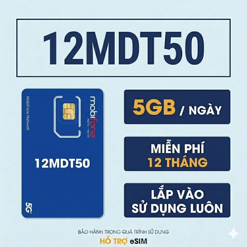 12MDT50 Sim 5G Mobifone, có 5GB/ngày miễn phí 12 tháng. Sim dùng luôn không cần dkcc