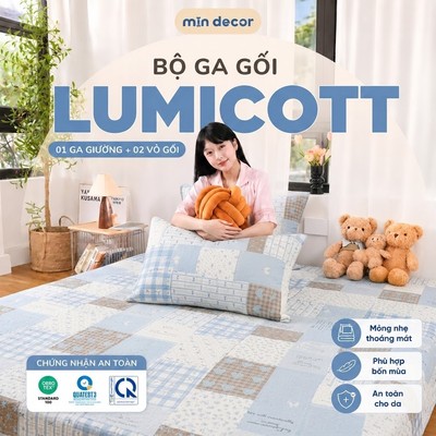 Bộ Drap Gối 3 Món Lumicott Mịn Decor Dùng 4 Mùa Mềm Mát Thoáng Khí, Ga Nệm Kèm 2 Áo Gối Nằm