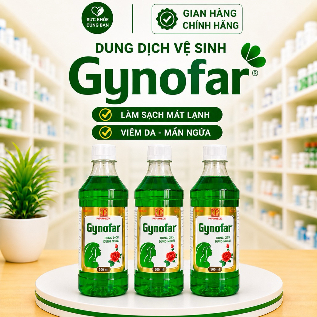Dung dịch vệ sinh GYNOFAR 500ml (Pharmedic)- hỗ trợ mụn lưng, ngứa, rôm sảy