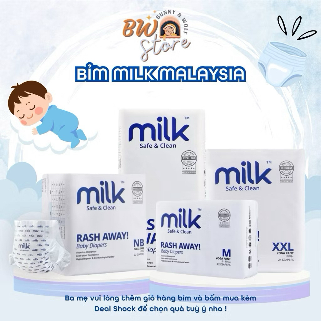 [ 01 BỊCH TẶNG 2 MIẾNG NB/M ] Bỉm Milk - Bỉm Nội địa Malaysia - NB/ Dán S,M/ Quần M, L, XL, XXL