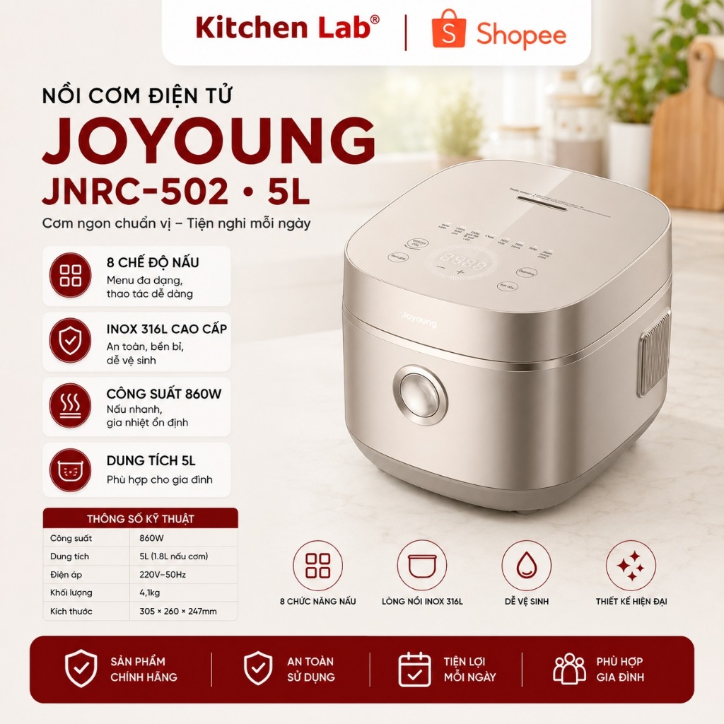 Nồi Cơm Điện Tử Joyoung JNRC-502 Dung Tích 5L, Công Suất 860W, Lòng Nồi Inox 316L Chống Dính Tự Nhiê