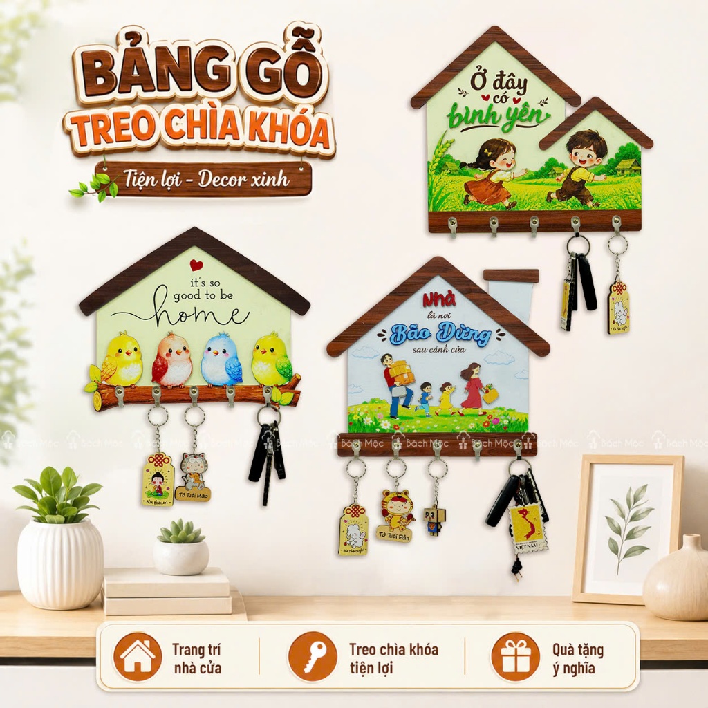 Bảng Gỗ Treo Móc Khóa Trang Trí Nhà Cửa - Bảng gỗ decor trang trí tường có móc treo chìa khoá