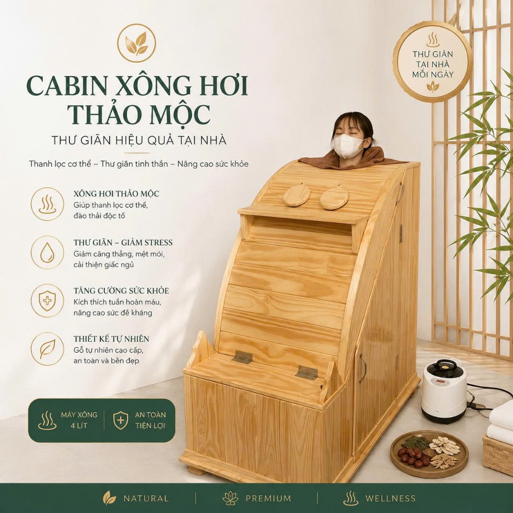 Cabin xông hơi thảo mộc kèm máy xông 4lit- thư giãn hiệu quả tại nhà
