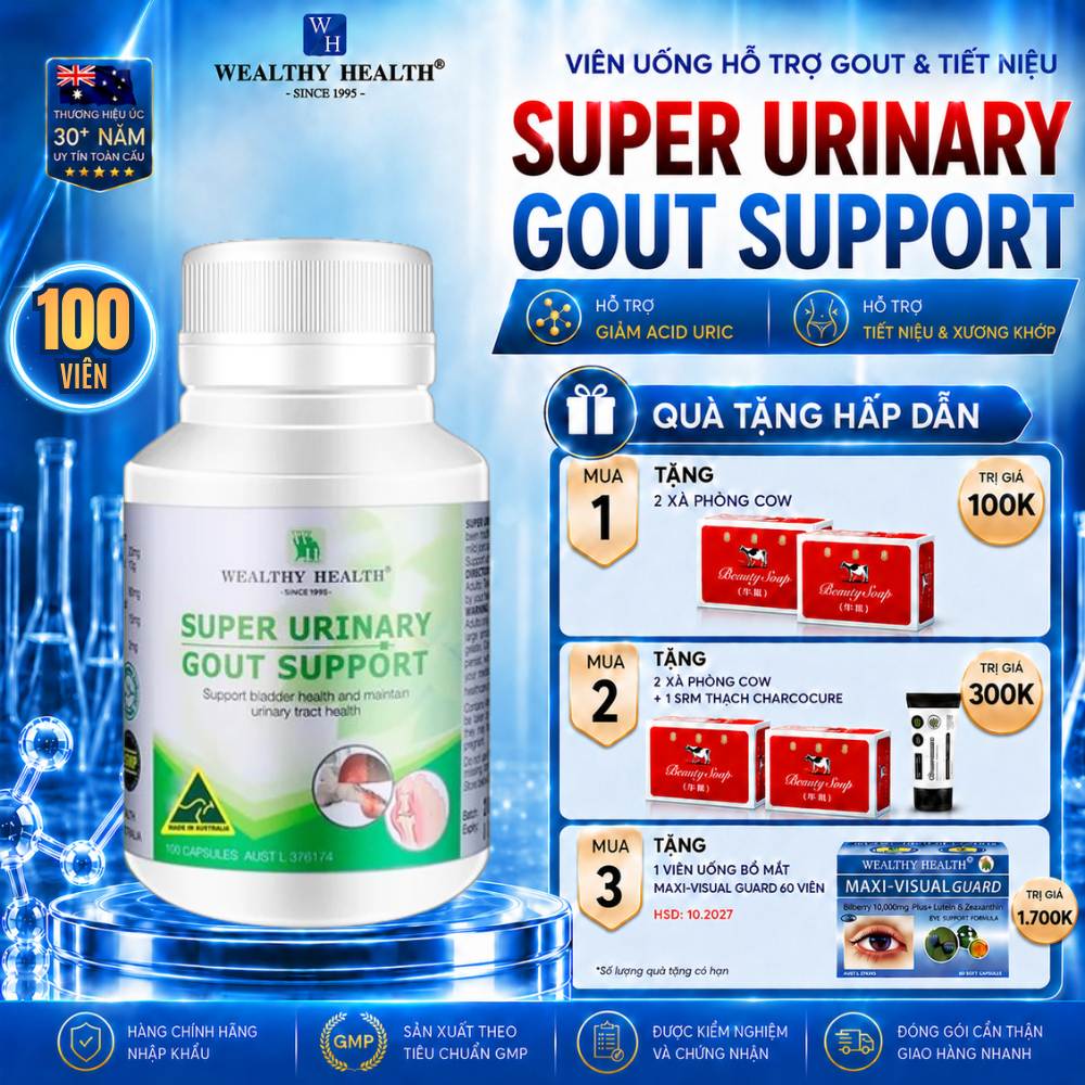 [HSD 10.2027]Wealthy Health Super Urinary Gout Support 100 Viên Hỗ Trợ Gout,Giảm Acid Uric, Hỗ Trợ T