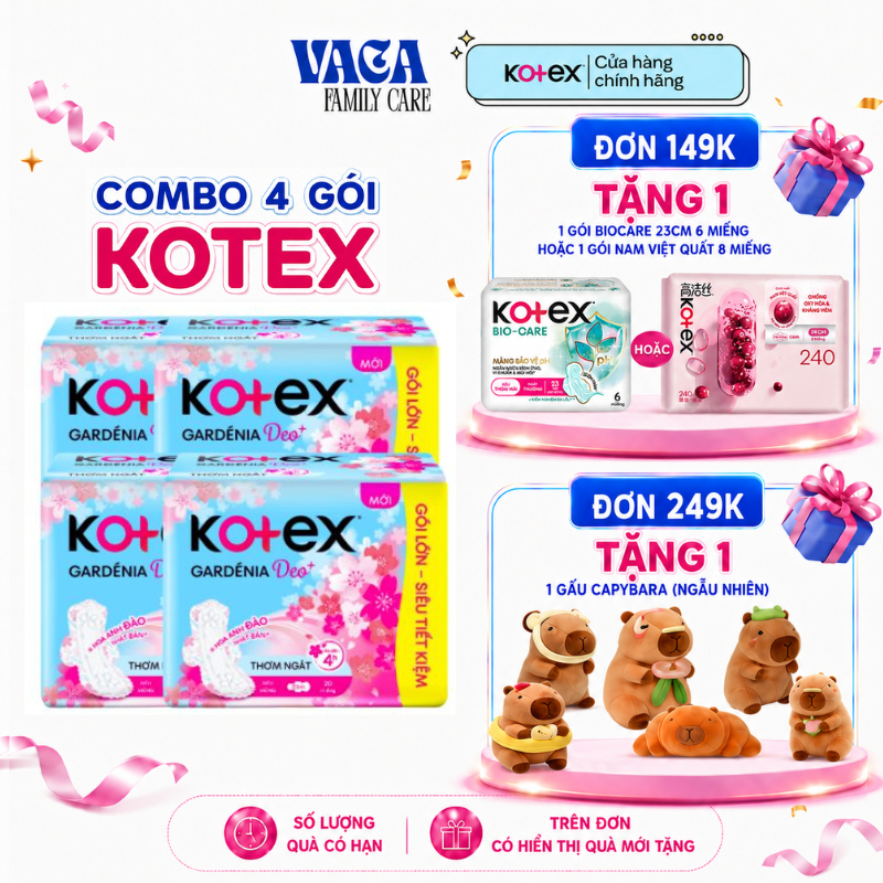 Combo 4 gói Kotex Gardenia Deo+ Hoa Anh Đào Siêu Mỏng Cánh 20 Miếng 23cm