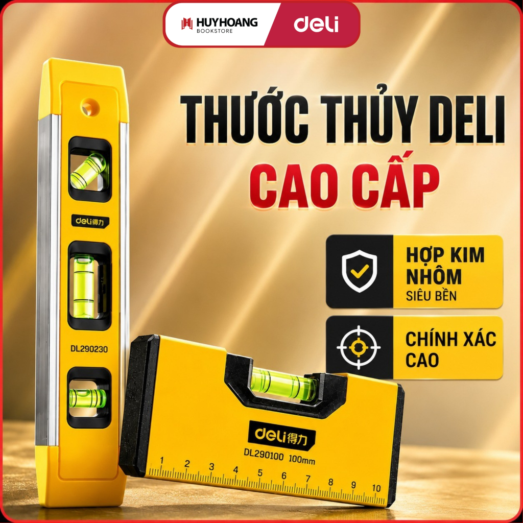 Thước Thủy Deli Cao Cấp Chính Hãng - Chất Liệu Hợp Kim Nhôm Siêu Bền, Chính Xác, Tools