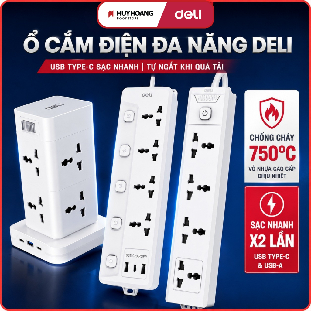 Ổ Cắm Điện Đa Năng Deli Ổ Cắm Vuông Dẹt USB TypeC Sạc Nhanh, Cầu Chì Tự Ngắt Khi Quá Tải, Tools